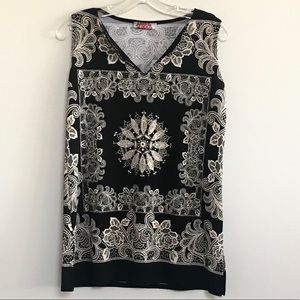 CAROL ROSE BLACK & BEIGE FLORAL TUNIC W MEDALIONS